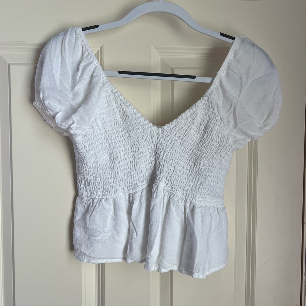 Hollister White Puff Sleeve Smocked Peplum Blouse